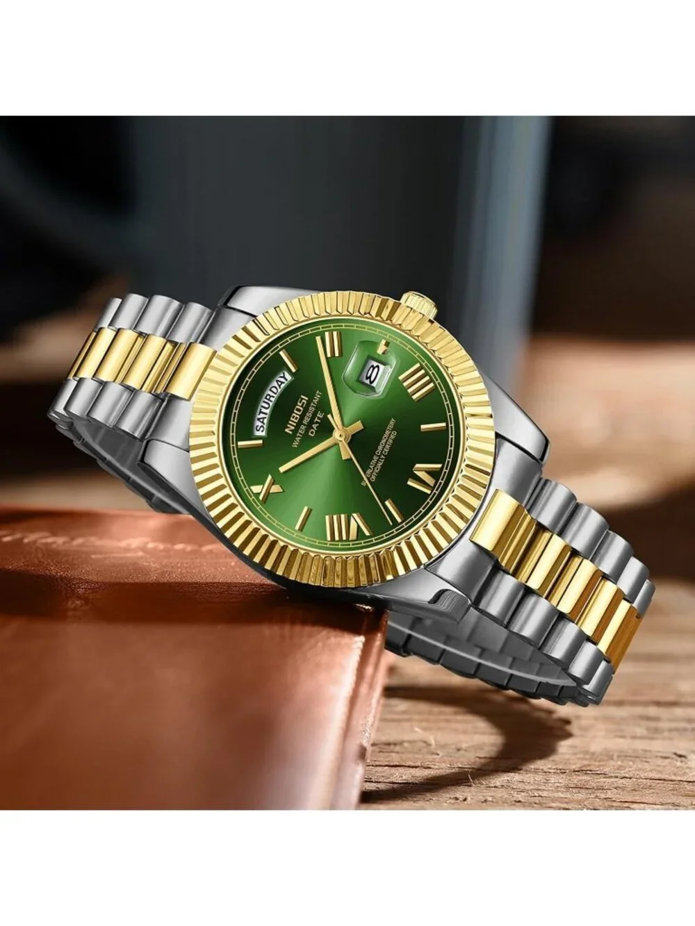 Nibosi Men's Silver Gold Analog Quartz Green Face Waterproof Desiger Wrist Watch